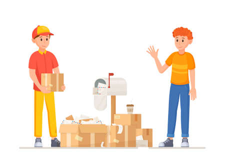 Vector illustration of delivery day. The customer came to pick up the order from the courier. Delivery at the door. Work as a courier. Ordering via the Internet.の写真素材