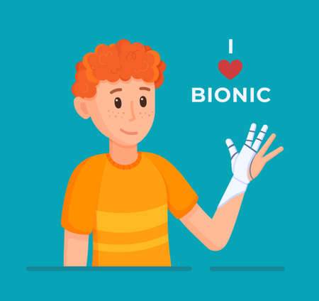 Vector illustration of i love bionic. A boy on his arm with a prosthetic arm is enjoying life. The concept of an advertisement for the sale of prosthetics of different body parts. Concept of bionic prostheses.のイラスト素材