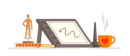 Vector illustration of the concept of graphics tablet. Wooden man standing still, graphics on a tablet, pen, notebooks and coffee. Doing what you love to do. Creative person.のイラスト素材