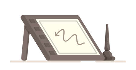 Vector illustration of the concept of graphics tablet. Wooden man standing still, graphics on a tablet, pen, notebooks and coffee. Doing what you love to do. Creative person.のイラスト素材