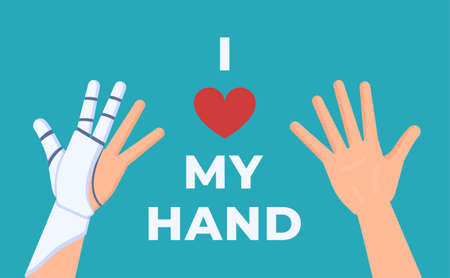 Vector illustration of the concept of love bionic hand. Prosthetic hand. Two hands one with a prosthetic hand isolated on a blue background.のイラスト素材