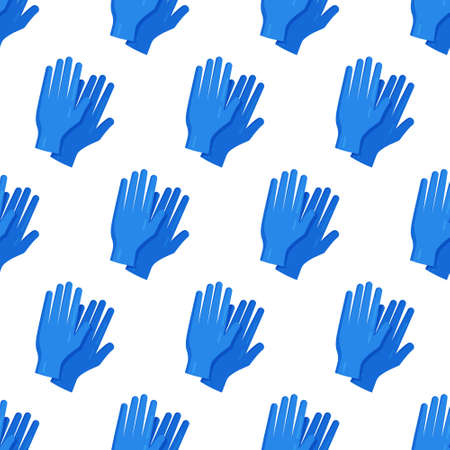 Vector illustration of gloves pattern. Seamless illustration of medical, sterile gloves isolated on white background. Medical wallpaper. Blue rubber gloves.のイラスト素材