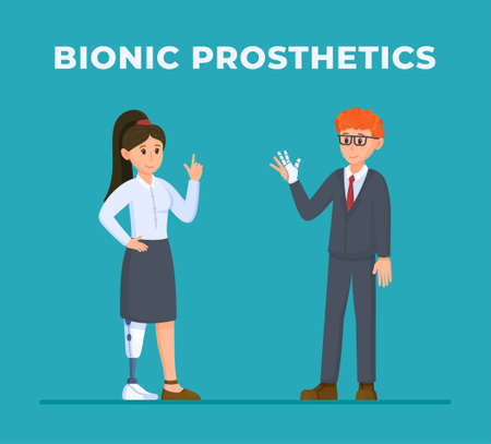 Vector illustration of happy people prosthetics. Two people of different genders standing isolated on a blue background with prosthetics on their arms and legs. The concept of bionic prosthetics. Amputated body parts. Disabled person after surgery.のイラスト素材