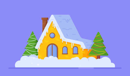 Vector illustration of a winter yellow house. A beautiful house covered with snow and furnished with Christmas trees. New Year's atmosphere. Concept of a winter house. Beautiful card or envelope.のイラスト素材