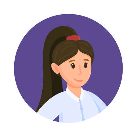 Vector illustration of avatar girl. Nice smiling woman with black hair. Flat icon on purple background.のイラスト素材