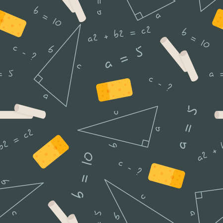 Vector illustration of a blackboard pattern painted with chalk into mathematical symbols. Beautiful background for a math class. Geometric shapes isolated on black background.のイラスト素材