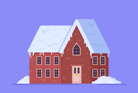 Vector illustration of a house in winter. Beautiful dark house, covered with snow isolated on blue background. Concept of the winter season. First snow.のイラスト素材