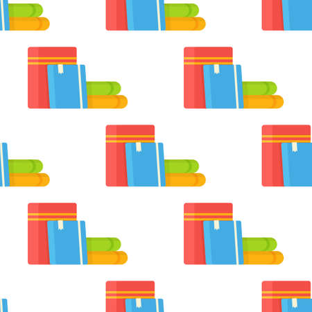 Vector illustration of a pattern of stacks of multicolored isolates on a white background. Seamless pattern with multicolored books. Back to school, literacy, library, reading, education, teaching.のイラスト素材