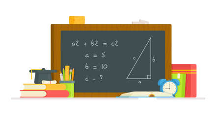 Online geometry lesson at school. Vector illustration of the task on the board. Performing homework....