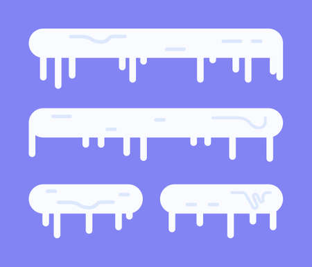 Vector illustration of snow and icicles. Winter cartoon snow caps, snow drifts and icicles. Stripes of snow isolated on blue background.のイラスト素材