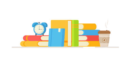 Reading books in the library. Vector illustration of a student preparing for exams. Set of flat style book icons. Studying in the morning.のイラスト素材