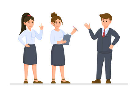 Vector illustration of business mission. Job performance. Work in the office. Favorite business. Two girls listening to their boss. Work uniform. Isolated on a white background.のイラスト素材