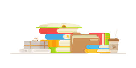 Reading books in the library. Vector illustration of a student preparing for exams. Set of book icons in flat style design. Study.のイラスト素材
