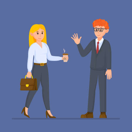 Vector illustration of business meeting. Business people having a board meeting. Two interlocutors isolated on blue background.のイラスト素材