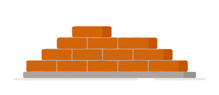 Vector illustration of laying out a brick wall. Cement trowel and brick wall, isolated on white background. Pyramid, brick wall. Colored icon.のイラスト素材