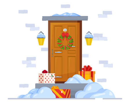 Vector illustration of a santa door. The entrance is covered with snow and presents. Door concept with wreath and other decorations.のイラスト素材