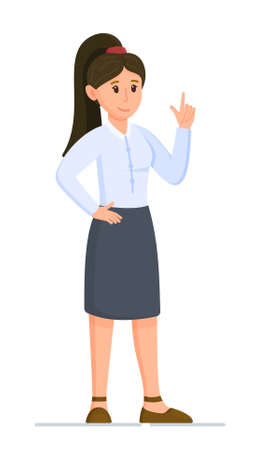 Vector illustration of a character woman. Beautiful girl with black hair in a work uniform. Work in the office. Person in full size.のイラスト素材