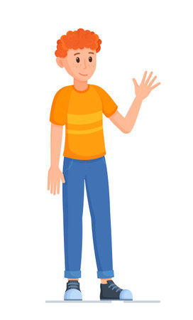 Vector illustration of an isolated boy on a white background. Posing for a photo. Farewell or greeting. Cartoon character, boy with arm raised.のイラスト素材