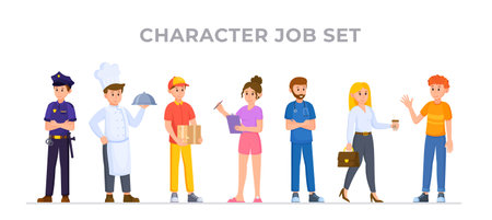 Vector illustration of a character job set. A bunch of people in different professions. Policeman, cook, doctor, courier, business lady and people. Gathering of people.のイラスト素材