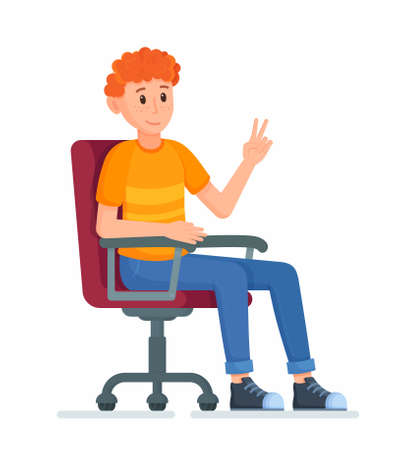 Vector illustration of a character sitting on an office chair. Young guy in the process of office work.のイラスト素材