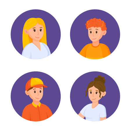 Circular avatars with the faces of young men. Vector illustration of avatars of a variety of men and women. Communicating with people remotely. Pandemic.のイラスト素材