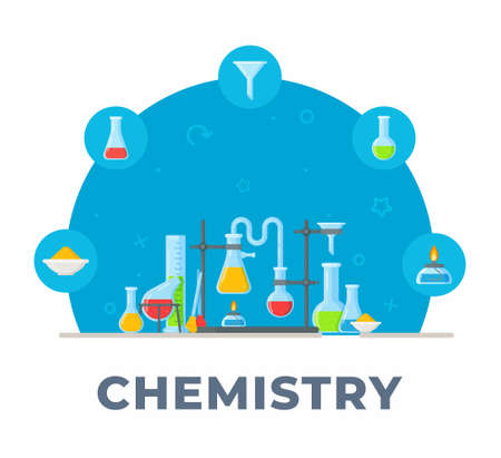 Chemistry and Chemical Instruments. Vector illustration of formulas. Chemistry Style. Mixture in flasks and test tubes.のイラスト素材