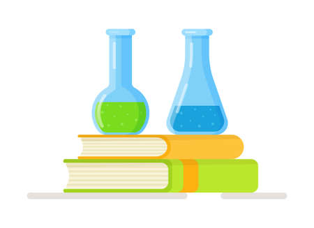 Vector illustration of a chemistry homework assignment. Flasks with different liquids. Illustration of learning chemistry. Book with test tubes, flask. Preparation for exams and testsのイラスト素材