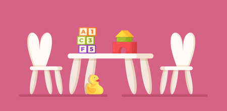 Vector illustration of children's table. Two chairs and a table isolated on a pink background. Children's furniture. Table with developing toys: cubes, constructor and duckのイラスト素材