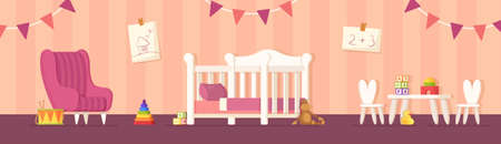 Vector illustration of children's room. Children's room concept. Children's girl's room in pink colors with: crib, chairs, table, toys, chair and decorations.のイラスト素材