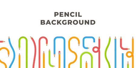 Vector illustration of a background of bent, twisted pencils. Scattered with many arrows with different curvatures. A set of curved multicolored pencils.のイラスト素材