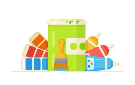 Vector illustration of a paint selection concept for a new room. Palette in blues, reds, greens, and oranges. Trendy color palette pattern. Stock design clip art template isolated on white background.のイラスト素材