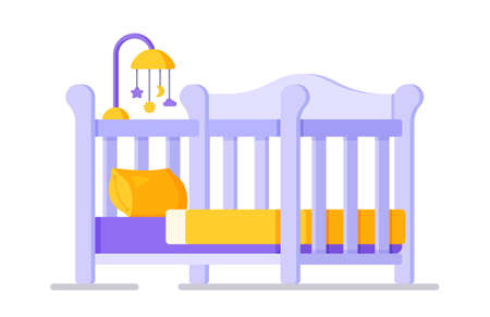 Vector illustration of a crib with blue flowers. A selection of a bed for the baby-to-be. Baby carousel with suspended toys over crib, isolated on white background.のイラスト素材