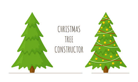 Vector illustration of the concept of decorating a Christmas tree. Two Christmas trees and a box with Christmas toys isolated on a white background. New Year atmosphereのイラスト素材