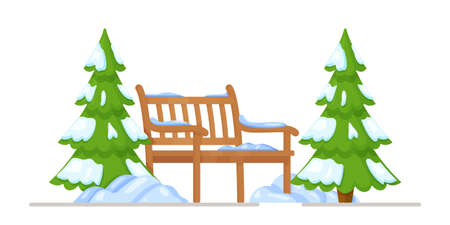 Vector illustration of the winter forest concept. A walk in the park in winter. Landscape on a snow-covered street with a bench.のイラスト素材