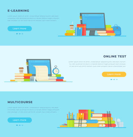 Study Banners. Vector illustration of education banners. Drawing of an online lesson on a blue background. Learning, work, site, link.のイラスト素材