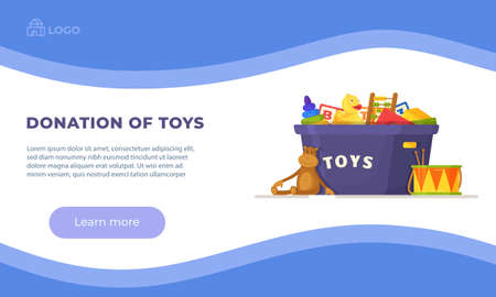 Vector illustration of donation toys. Helping children, supporting a poor child. The concept of social assistance. Blue box with toys, things for orphans.のイラスト素材