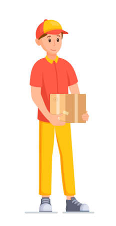 Vector cartoon flat illustration of a courier isolated on a white background with a box in his hands. Deliverer of goods and parcels. Secure Goods Delivery Service.のイラスト素材