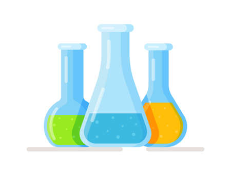 Vector illustration of flasks and test tubes isolated on white background. Laboratory glass flasks and test tubes with blue, yellow and green liquid. Chemical and biological experiments.のイラスト素材