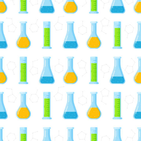 Vector illustration of the pattern of chemical test tubes and flasks. Chemistry-themed print, a pattern for science and research.のイラスト素材