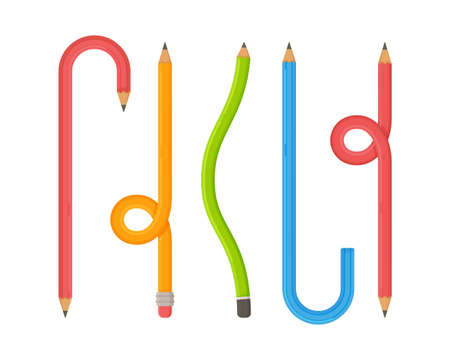 Vector illustration of a bent pencil banner. Vector illustration of curved pencil. Many arrows of different curvatures are scattered. Set of curved multicolored pencils.のイラスト素材