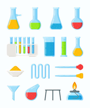 Many different test tubes and flasks. Vector illustration of a chemistry lesson online. Conducting an experiment.のイラスト素材