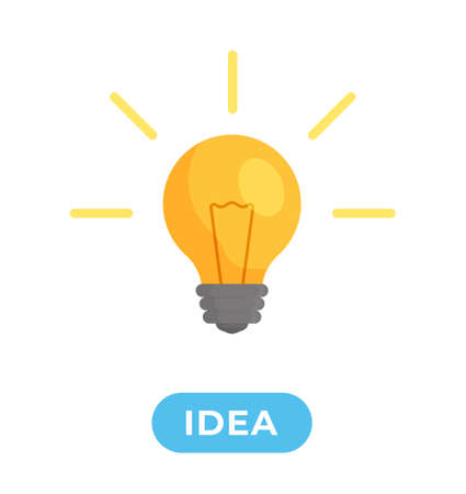 Vector illustration of an idea icon. Yellow light bulb isolated on white background. Trendy flat style for graphic design, website. Illumination Electric lamp. Electricity, glitter. Idea sign, solution, thinking concept.のイラスト素材