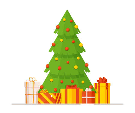 Vector illustration of a Christmas tree with red ornaments and gifts on top of it. Beautiful icon for a New Year's banner or concept. Winter card or envelope.のイラスト素材