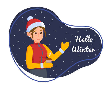 Vector illustration of hello winter. Concept of spending time in winter. Girl with dark hair wearing headphones, scarf, thieves and jacket. Snowfallのイラスト素材