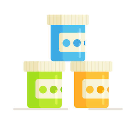 Vector illustration of a pyramid of acrylic paint cans. Multicolored palette of colors in the store. Drawing of creative materials for workshop designs. Tools drawing elements cartoon colorful vector set.のイラスト素材