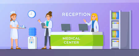 Vector illustration of the staff. Concept of hospital staff at the reception. Beautiful hospital design. Helping people.のイラスト素材