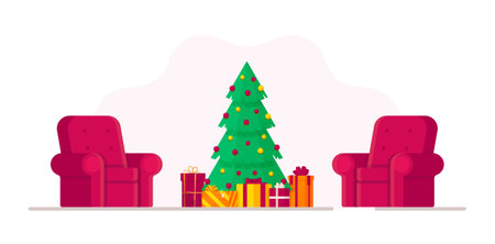Vector illustration of Christmas Day. Concept of a Christmas tree with presents. Hungry winter eveningのイラスト素材