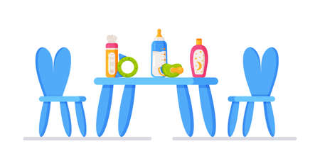 Vector illustration of kids table. Kids room, elementary school classroom element of interior design. Children's furniture in boy colors.のイラスト素材