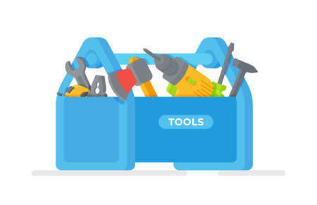 Construction tools. Vector illustration of a blue tool box. Tool box with hand tools inside. Working tool box with tools. Tools for repairs.のイラスト素材