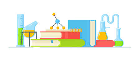 Chemistry class. Vector illustration of conducting experiments in the laboratory. New topic. Online lessons.のイラスト素材